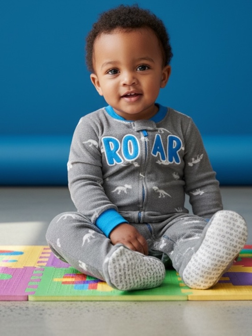 Carter's Gray Dino Zip Footed One-Piece with Bright Blue Trim/ 0